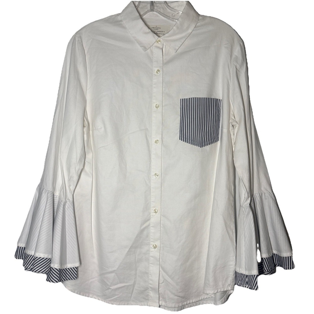 Birds Of Paradis By Trovata Long Sleeve White Button Up Striped Detail Sz Large